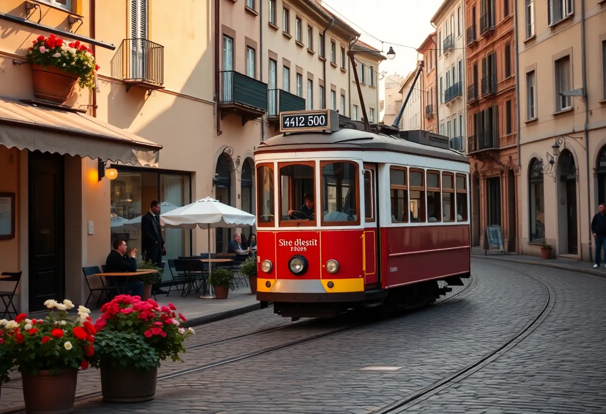 This charming image features a vintage tram traveling along a cobblestone street in Europe during golden hour. The warm light enhances the historical ambiance, inviting viewers into a picturesque scene. Quaint cafés and vibrant flowers line the street, adding to the overall charm. The thoughtful composition draws the eye toward the tram, encapsulating the beauty of public transportation in a historical context.