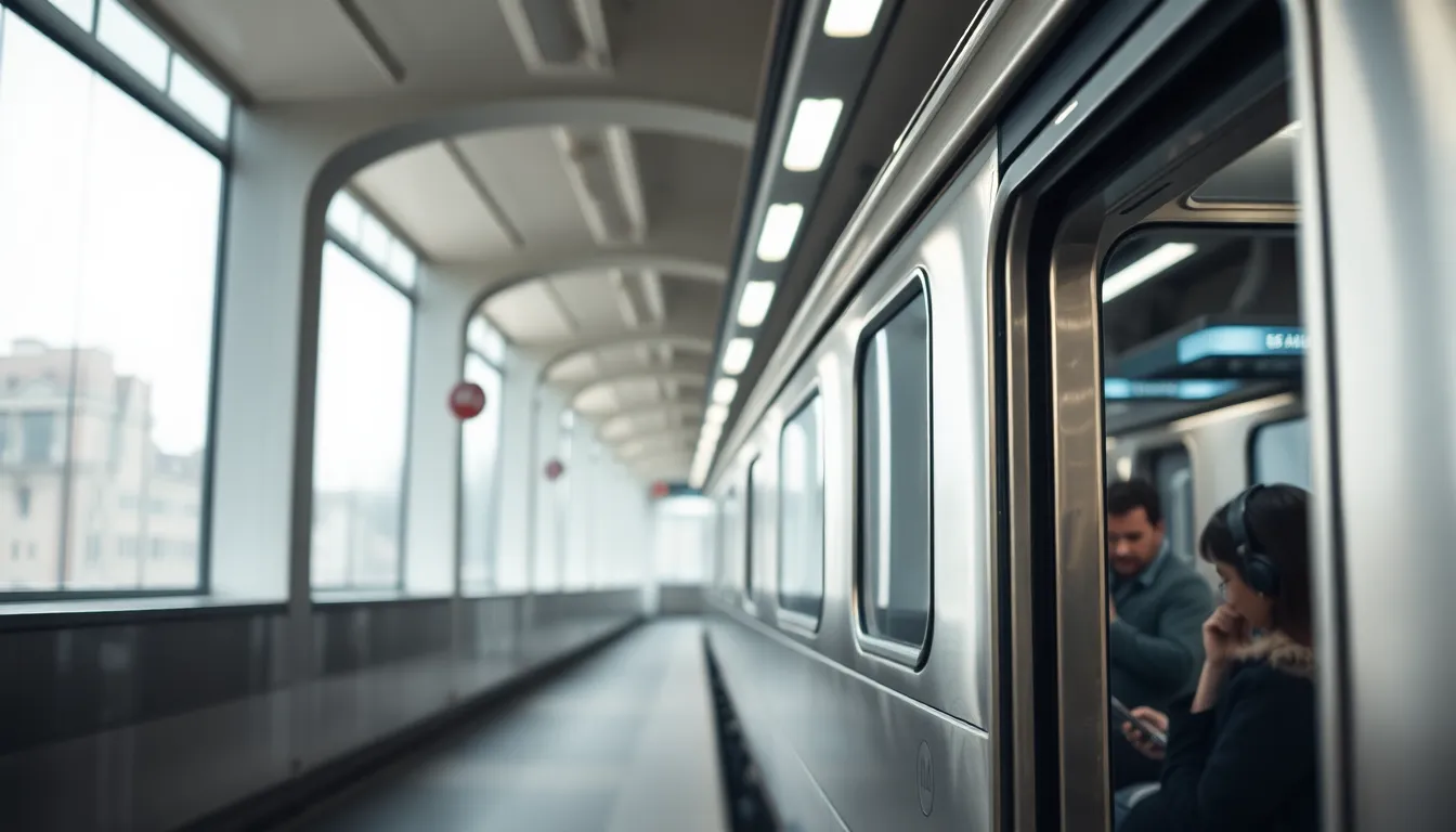 Modern Subway Station Interior A vibrant shot of a modern subway station bustling with activity. The image captures passengers waiting for their train, illuminated by soft natural light filtering through large windows. The sleek stainless steel and concrete surfaces complement the muted color palette, enhancing the contemporary urban environment. The foreground features blurred figures, adding a dynamic feel as the train approaches.