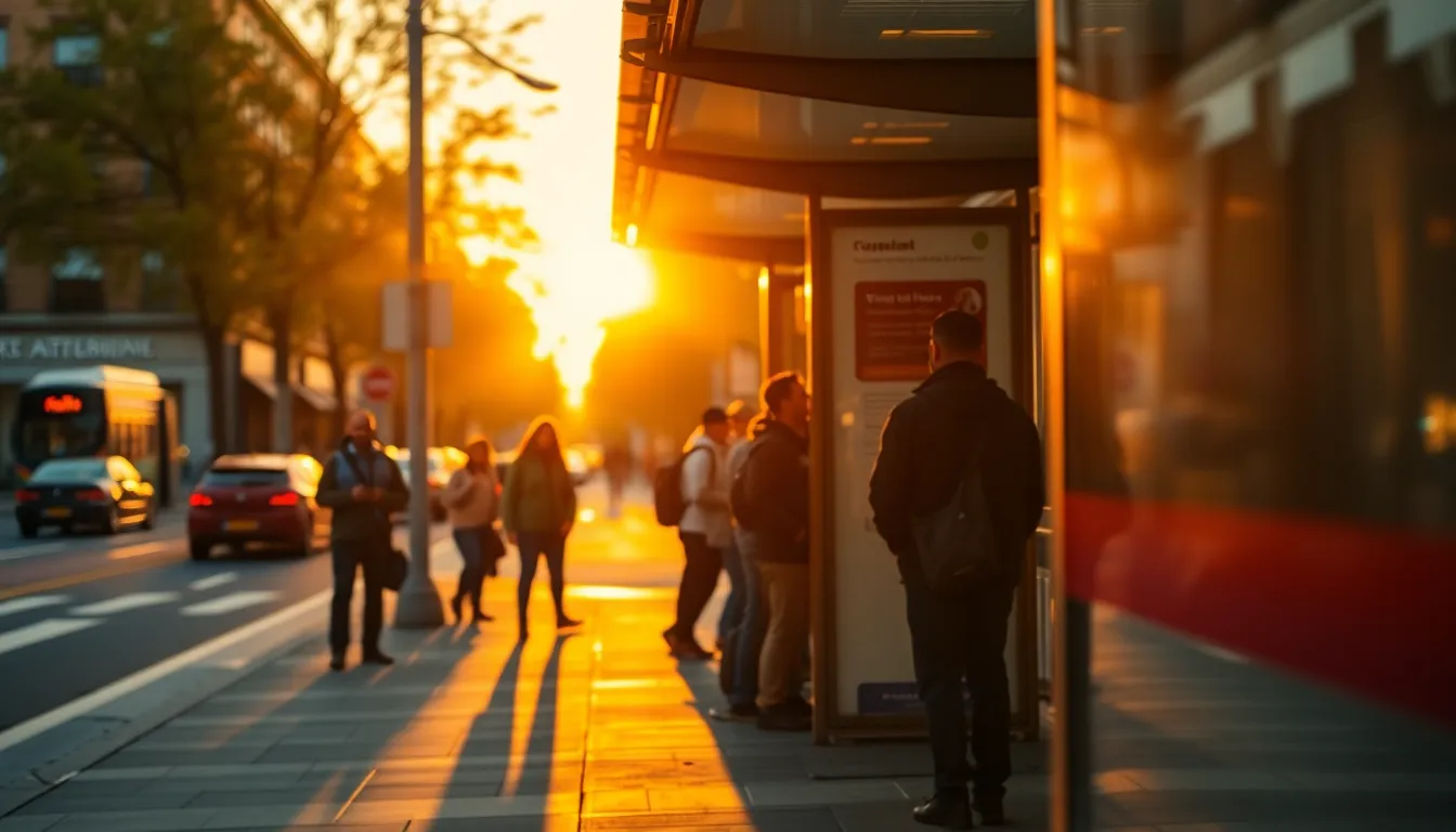The photo depicts a lively bus stop bathed in the warm light of golden hour. Passersby wait patiently, their silhouettes highlighted against the illuminated glass shelter. The image features warm colors of orange and yellow, enhancing the inviting atmosphere of the scene. Leading lines from the sidewalk draw the viewer’s attention toward the bus stop, while a blurred background hints at the bustling city life beyond.