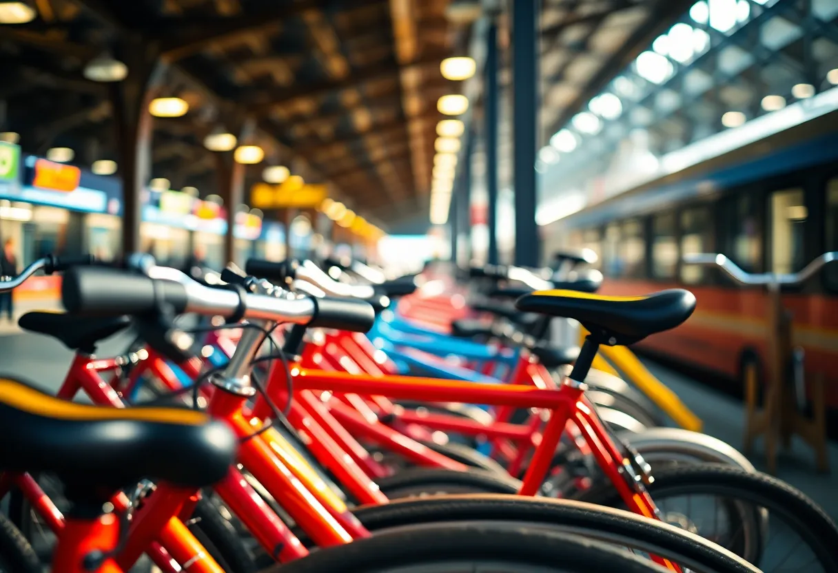 Colorful Bicycles at Train Station Rack An enchanting scene of a bicycle rack at a bustling train station, filled with an array of colorful bicycles illuminated by soft afternoon light. The vibrant hues of red, blue, and yellow pop against the urban backdrop, creating a lively mood. A shallow depth of field enhances the focus on the bicycles while providing a beautiful bokeh that adds to the overall vibrancy. The textures of the glossy paint and rugged metal rack invite viewers into the active atmosphere of the station.