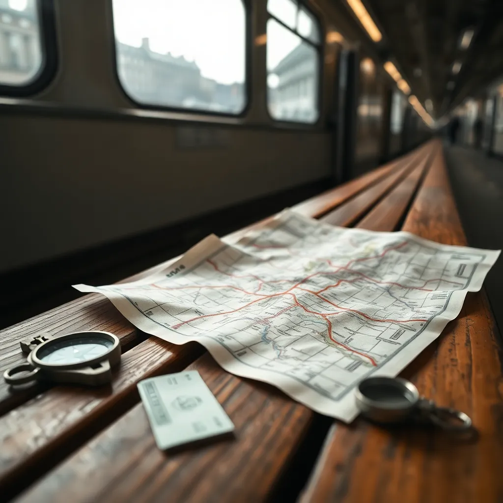 This intimate close-up reveals the intricate details of a well-used metro map atop a textured wooden bench, surrounded by metro tickets and an antique compass. Soft daylight gently illuminates the scene, enhancing the organic feel of the materials. The shallow depth of field draws focus to the map, capturing the essence of adventure in public transit. The thoughtful composition invites viewers to explore the stories behind the artifacts.