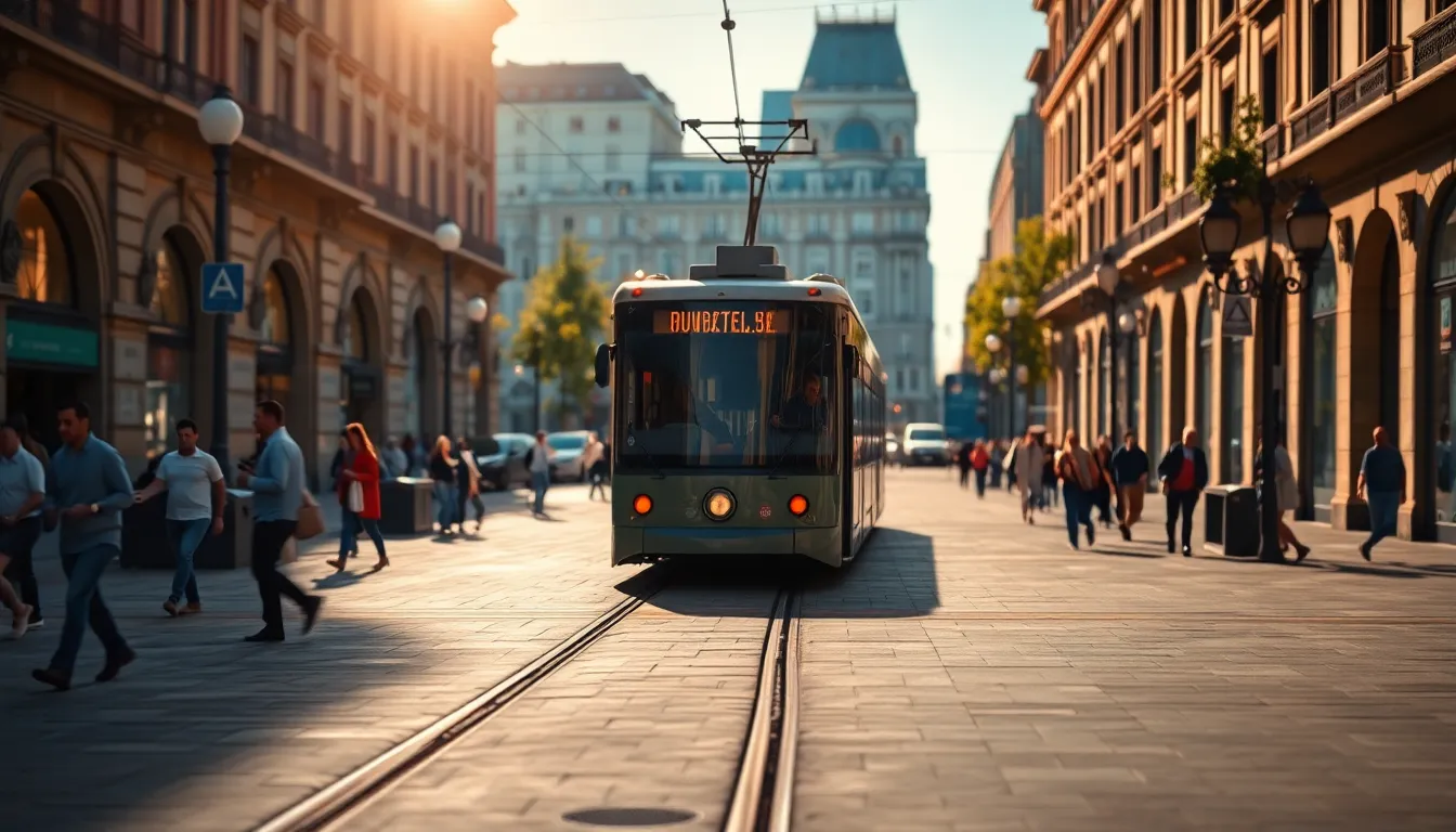 This vibrant image features a tram arriving at a lively urban plaza filled with people. The bright afternoon sun casts dramatic shadows, creating an engaging interplay between light and dark. Selective focus draws attention to the figures boarding the tram, while architectural details fade softly into the background. The vivid colors and dynamic composition invite viewers into the bustling atmosphere of urban life, encapsulating the charm of public transport.