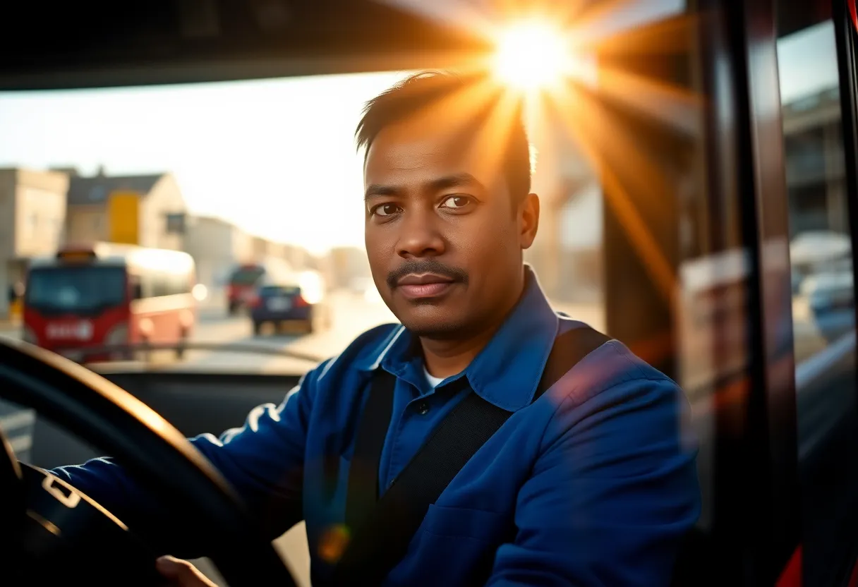 This close-up image features a city bus driver concentrating on the road ahead, framed by the driver's window. The late afternoon sunlight casts dramatic shadows, enhancing the deep colors and textures of the scene. The blurred backdrop highlights the driver’s focus, while the rich tones add warmth to the urban setting. This intimate portrayal showcases the human element of public transit.