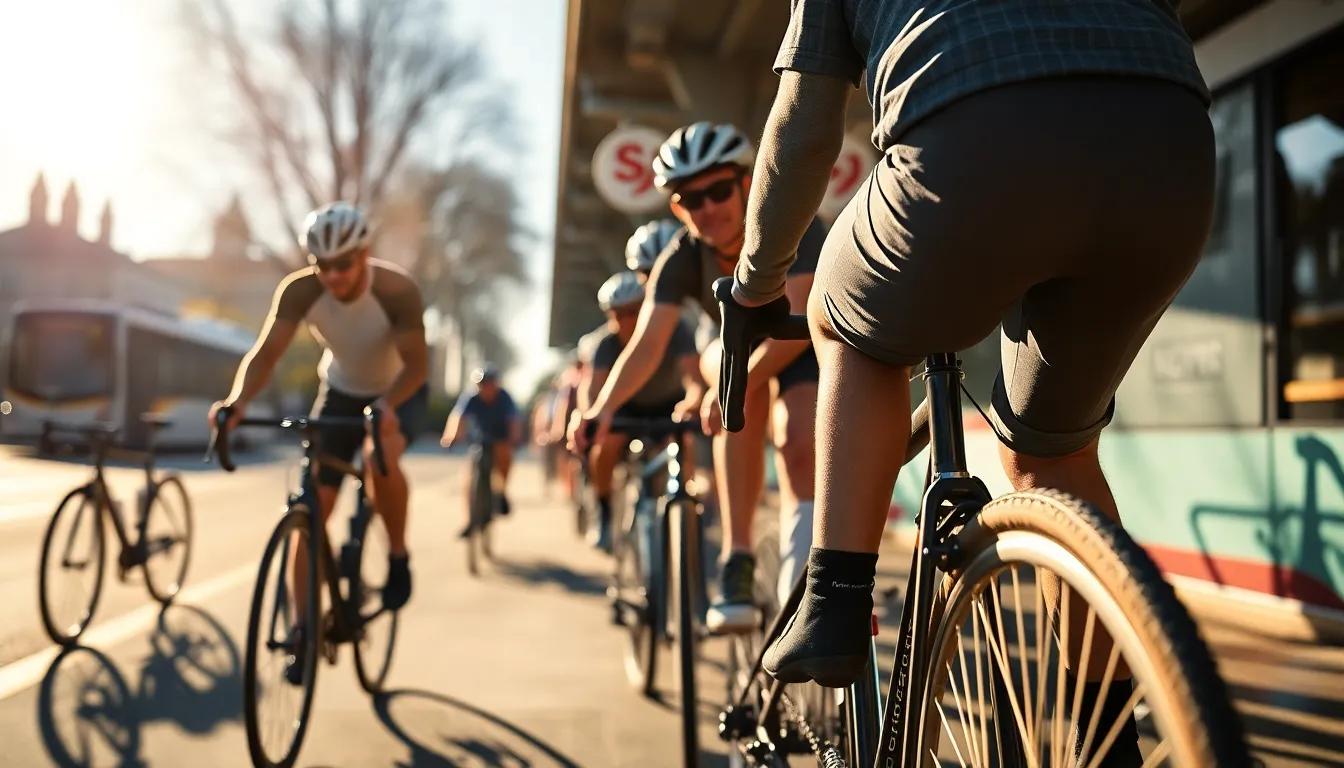 A vibrant scene of cyclists waiting at a bustling tram stop under bright midday sun, highlighted by hard shadows. The image captures intricate details of their bikes and gear, creating a sense of anticipation and energy. With selective focus on the cyclists, the background blurs softly, immersing viewers in the lively atmosphere of urban transit.