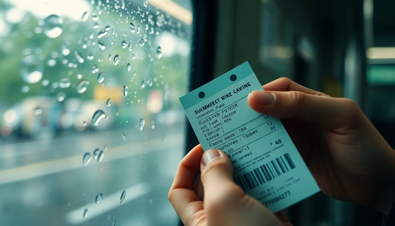 An intimate close-up of a hand gripping a subway ticket against a rainy window, embodying the quiet anticipation of public transit. Raindrops create a dreamy effect, while the lush colors evoke a sense of comfort amidst the dreary weather. The composition draws attention to the hand, creating personal engagement with the viewer. This image effectively captures the small yet meaningful moments in the daily transit experience.