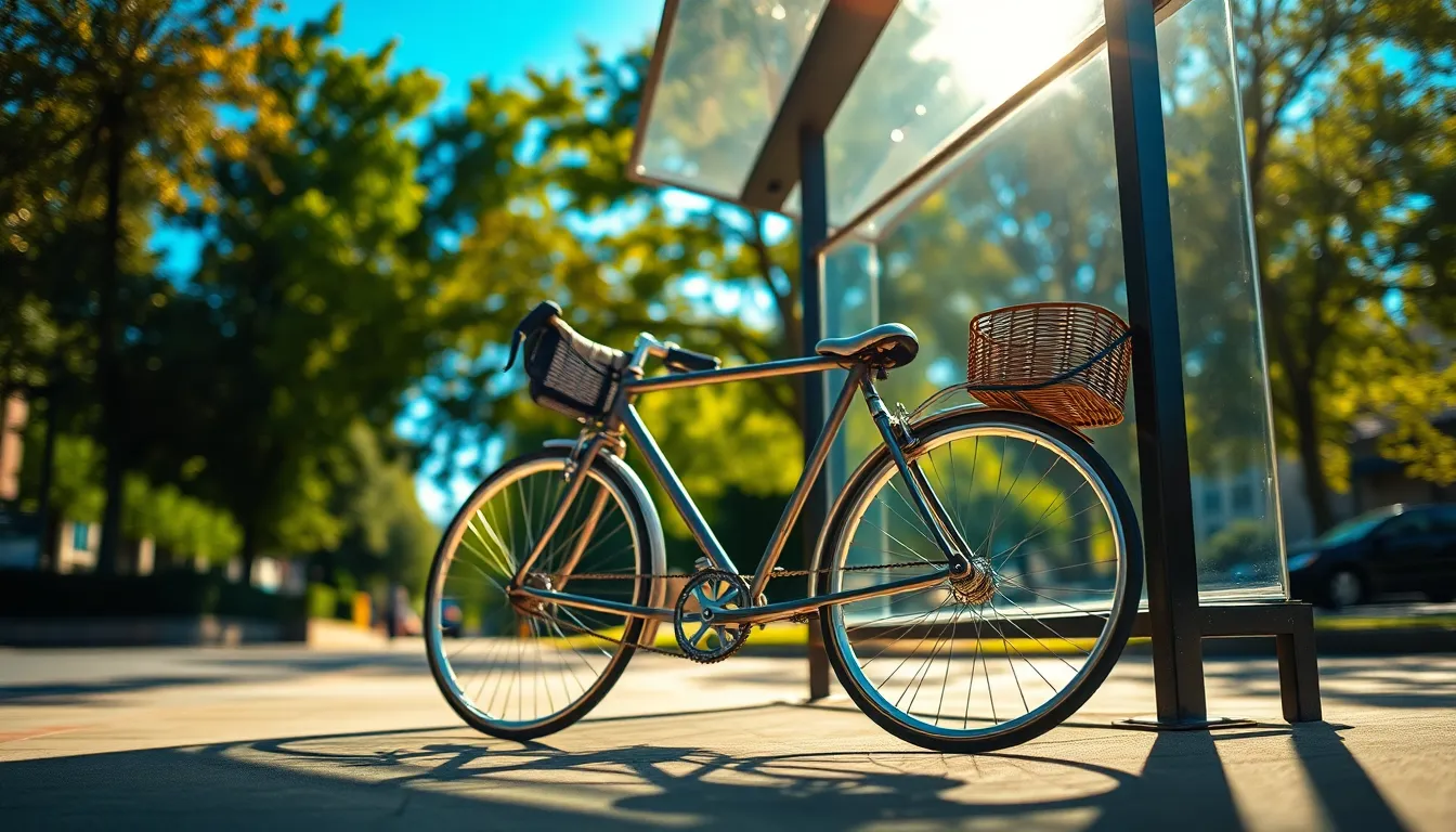 A close-up image of a bicycle resting against a bus stop shelter on a bright sunny afternoon. The vibrant colors capture the essence of urban life, with the deep blue sky and lush greenery providing a lively background. A shallow depth of field isolates the bicycle, showcasing its sleek metallic surface and woven basket. The composition draws the viewer in with dynamic leading lines, making this everyday scene feel extraordinary.