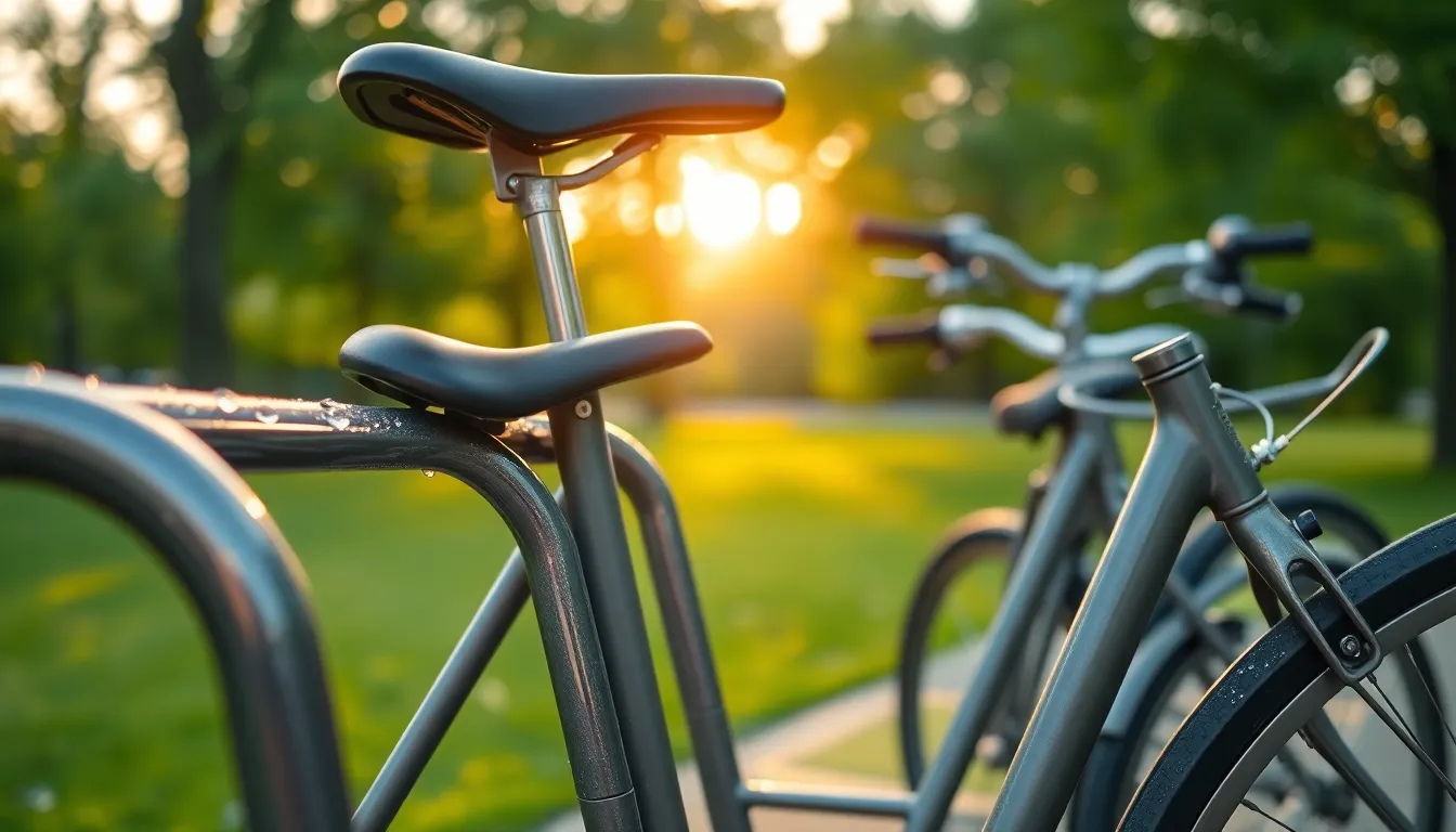 A tranquil close-up image of a bicycle rack in a peaceful park, captured in the soft glow of early morning light. Dew drops shimmer on the metal frames, enhancing the beauty of the bicycles. The soft greens of the surrounding foliage create a serene backdrop, blurred into a painterly bokeh. This composition invites viewers to experience the intersection of public transit and nature, emphasizing the harmony of sustainable travel amidst tranquility.