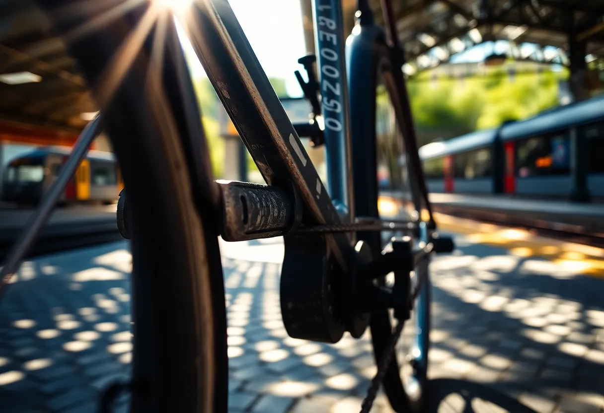 This stunning macro shot focuses on a bicycle locked to a bike rack at a train station, showcasing intricate details such as rust and scratches on its frame. Natural sunlight filtering through creates lovely dappled patterns on the ground, enhancing the textural richness of the scene. The soft bokeh in the background ensures the bicycle stands out as the focal point, inviting viewers to appreciate both the beauty and functionality of public transit options.