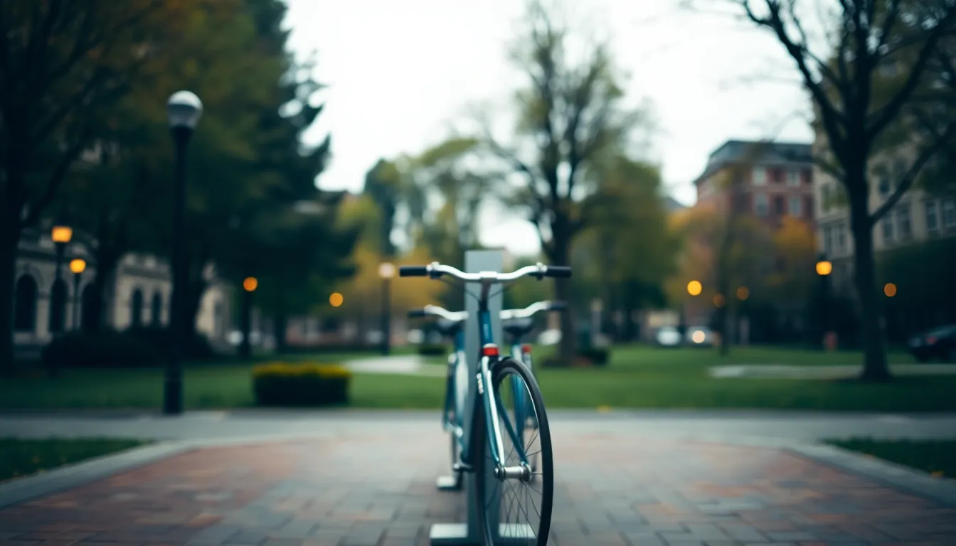 Urban Bike-Sharing Station in Park An engaging image of a bike-sharing station nestled in an urban park setting, captured under soft overcast light. The shallow depth of field blurs the background, emphasizing the colorful bicycles available for sharing. The natural muted tones and soft highlights create a serene atmosphere, while the symmetrical composition showcases the organization of the station amidst the greenery. This scene appeals to eco-conscious city dwellers and tourists alike.