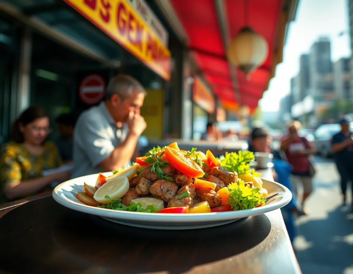 A vibrant plate of street food is beautifully arranged, captured in sunlight that highlights the rich colors of vegetables and meats. This macro shot focuses on the delicious dish while the bustling background blurs into a soft bokeh, depicting patrons savoring their meals nearby. The saturated hues enhance the appeal, embodying the essence of street food culture found near public transit hubs. The off-center placement of the dish in the composition invites viewers to engage with the scene.