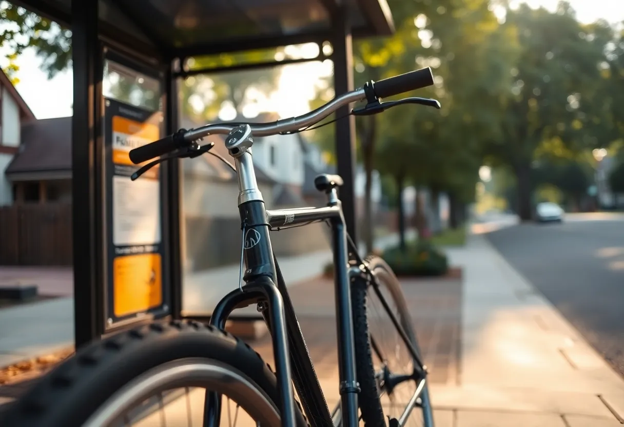 This close-up image beautifully captures a bicycle leaned against a bus stop in a quaint neighborhood. Soft evening light filters through trees, creating gentle shadows that enhance the scene’s tranquility. A shallow depth of field highlights the bicycle’s intricate details against a soft bokeh background. The natural color palette, with rich greens and warm browns, complements the textures of the metal and rubber components of the bike, inviting viewers into this peaceful urban corner.