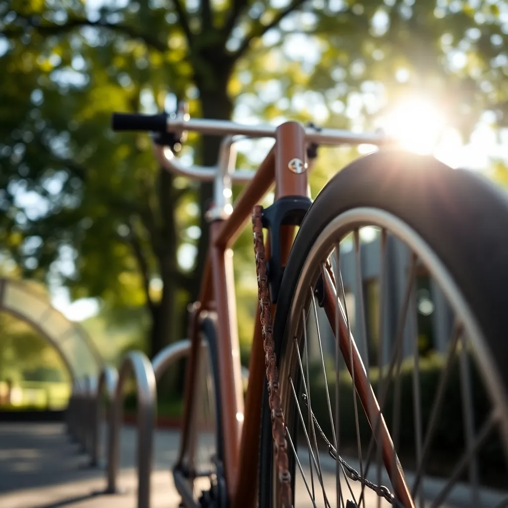 This close-up captures a bicycle locked to a public rack, bathed in soft daylight that filters through the surrounding trees. The shallow depth of field emphasizes the intricate details of the bike, including the textures of the rusted chain and the frame’s paint. Natural muted tones convey a sense of calm, enhancing the earthy ambiance. The composition draws the viewer’s attention to the bicycle as it rests against the blurred backdrop of greenery.
