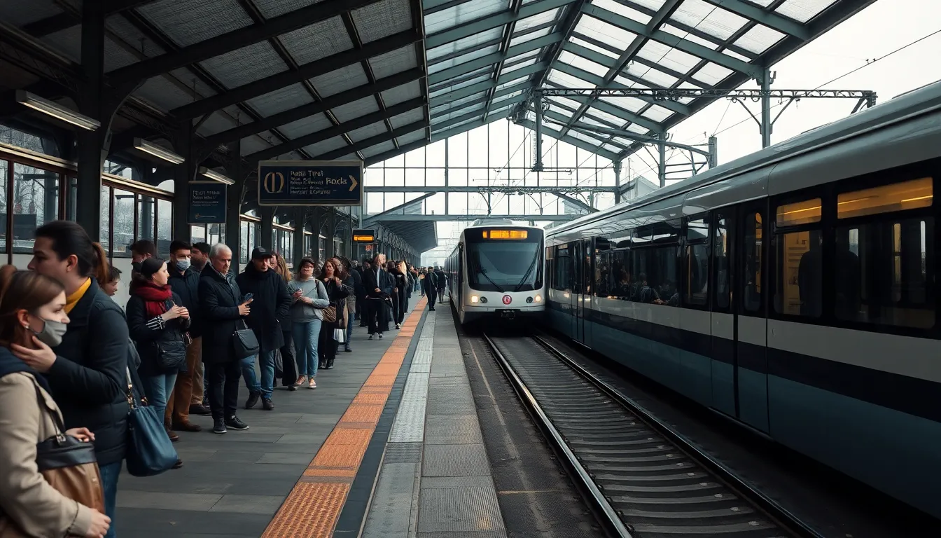 A bustling tram station is filled with commuters waiting for their ride during the late afternoon. Overcast daylight filters through the glass roof, creating a calm ambiance with soft shadows. The hyperfocal depth of field ensures crisp detail throughout the scene, showcasing a range of expressions on the faces of patiently waiting passengers. The natural muted tones evoke a sense of tranquility, while leading lines guide the viewer's eye toward the arriving tram.