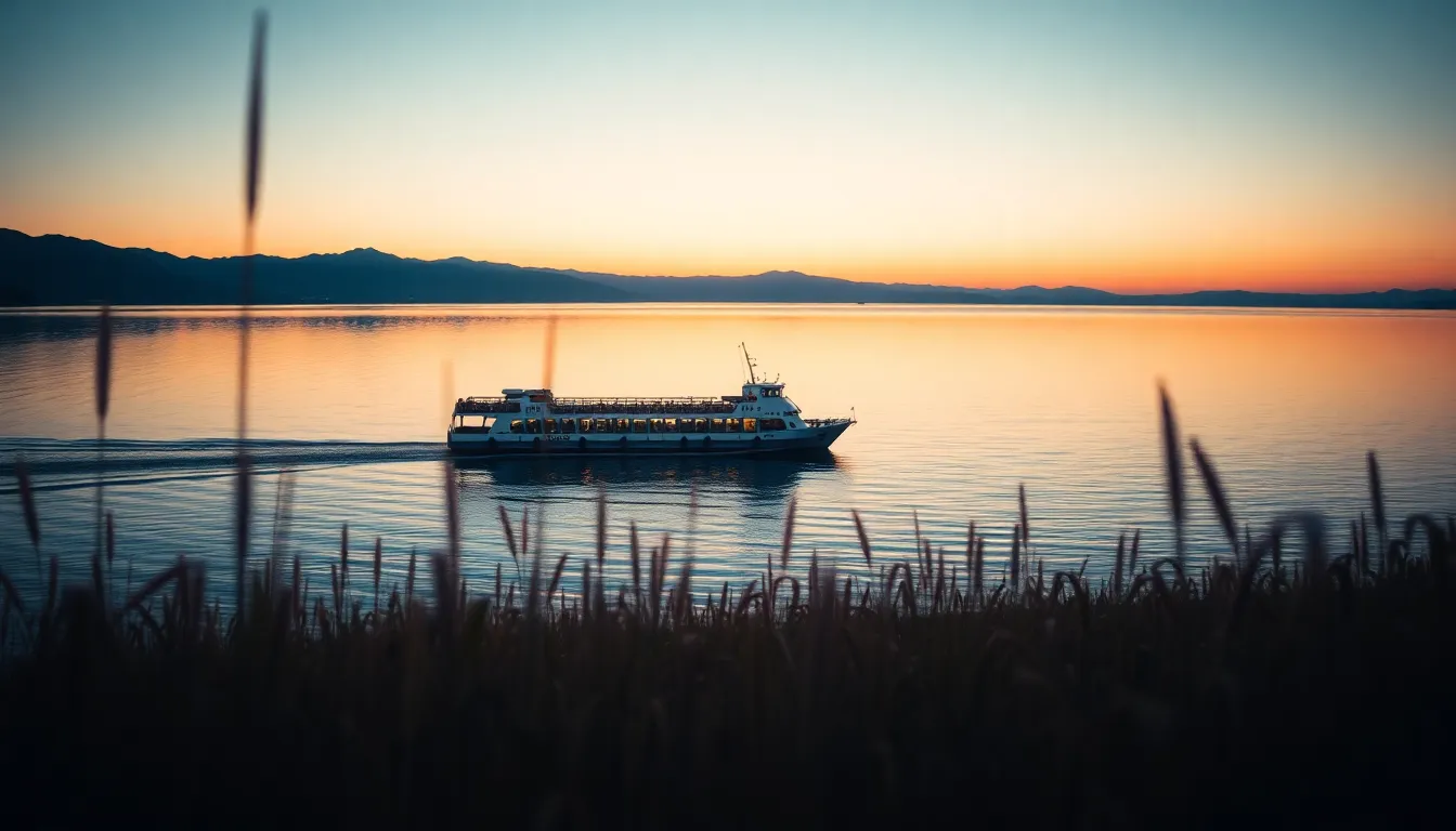 A serene image captures a ferry crossing a calm lake at dusk, illuminated by soft golden hour backlighting. The ferry stands as the centerpiece of the image, glowing in warm tones, while the smooth water captures the pastel hues of the sunset. The hyperfocal distance ensures a sharp focus from foreground to background. This tranquil public transit scene embodies the peaceful coexistence of nature and transportation.