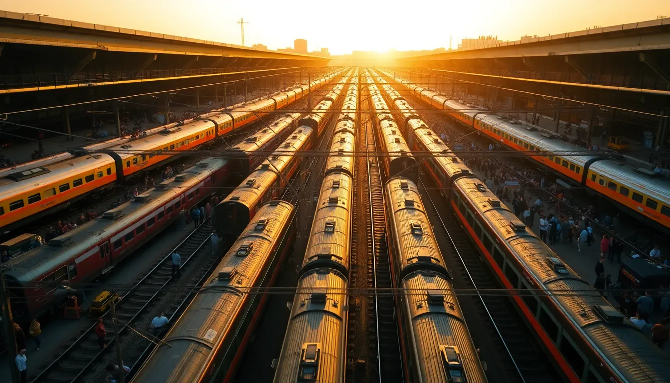 This breathtaking aerial view captures a vibrant train station filled with activity during sunset. The warm golden light highlights the colorful trains and busy platforms, creating an inviting atmosphere. The expansive depth of field keeps every detail sharp, while leading lines guide the viewer’s eye through the organized chaos of public transport. The rich textures of metal train cars and architecture add depth to the scene.