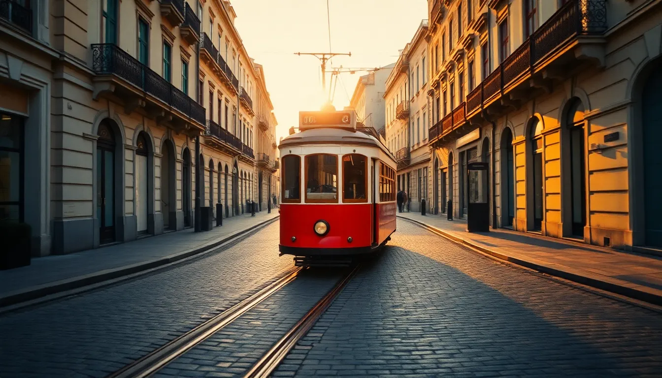 A charming image capturing a vintage tram gliding through a picturesque city street during golden hour. The warm light bathes the historical architecture and cobblestone road, creating an inviting atmosphere. With everything sharply in focus, the photograph highlights the intricate details of the tram and the surrounding environment. The harmonious color palette exudes warmth and nostalgia, appealing to viewers seeking a connection to public transit's heritage.