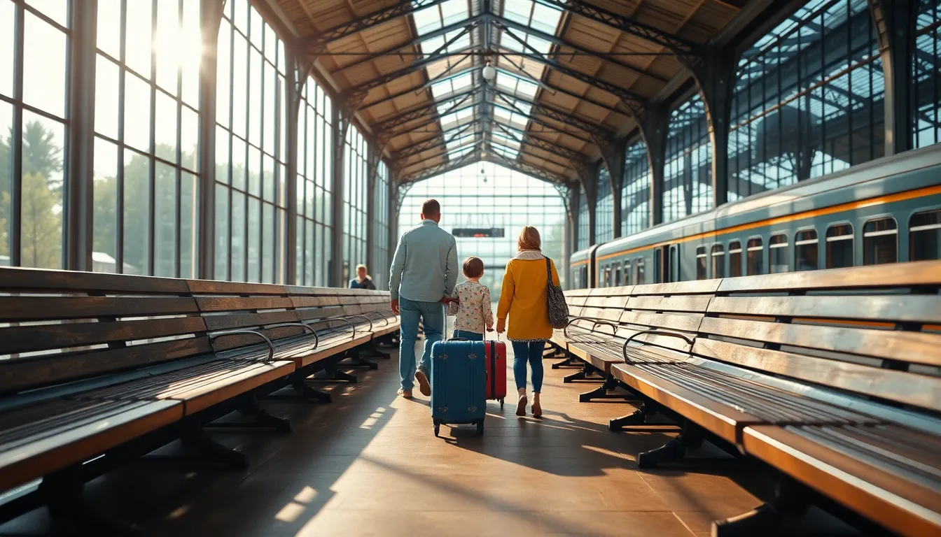 A heartwarming moment at the train station, where a family is seen waiting with their luggage. The bright midday light creates a lively atmosphere, while the textures of the wooden benches contrast beautifully with the vibrant clothing of the family. The soft focus on the background enhances the sense of movement and activity typical of transportation hubs. This image encapsulates the anticipation and excitement of travel and togetherness.