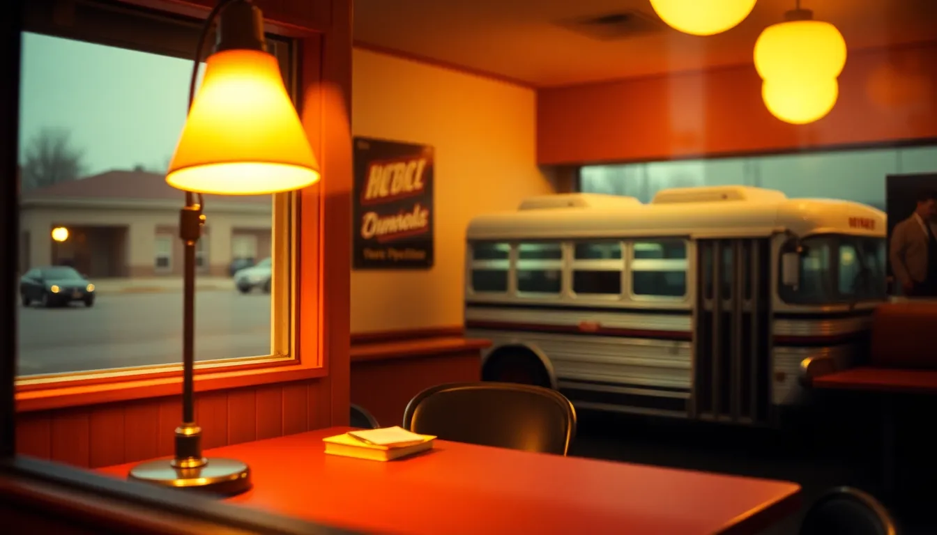 Retro Diner View of Public Bus An inviting view from inside a retro diner, showcasing a classic bus pulling up outside. The warm tungsten lighting casts a cozy glow, enhancing the nostalgic atmosphere. The tilt-shift effect creates a miniature feel that draws attention to the bus while the diner’s interior softly fades into bokeh. The muted color palette complements the vintage style, making it a perfect representation of Americana.
