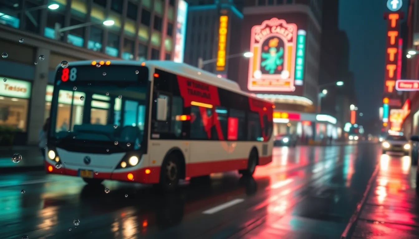 This image captures the energy of a bustling downtown as a city bus navigates through a rainy landscape. The vibrant reflections of streetlamps and neon signs dance on the wet pavement, creating a lively atmosphere. Ambient lighting accentuates the contrast between cool and warm tones, while the shallow depth of field emphasizes the bus against a beautifully blurred backdrop. The Dutch angle adds a sense of motion, underscoring the dynamic nature of urban public transport.