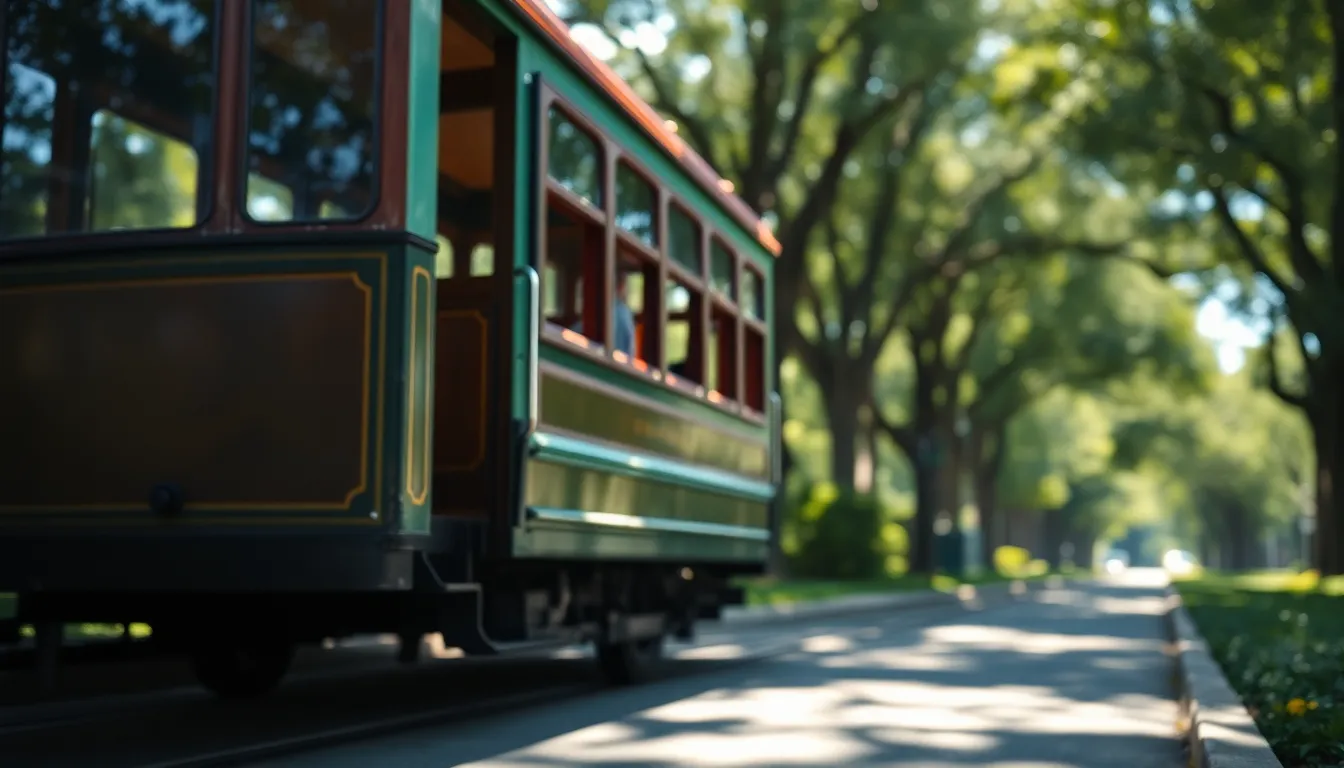 Vintage Tram in Lush Environment A picturesque scene featuring a vintage tram traversing through a lush, tree-lined street. The sunlight filters through the canopy, creating a dappled effect that adds depth and warmth. The selective focus on the wheels of the tram captures the essence of motion, while the rich greens and saturated colors evoke a sense of nostalgia. Positioned according to the rule of thirds, the tram draws the viewer's eye into the tranquility of the setting.