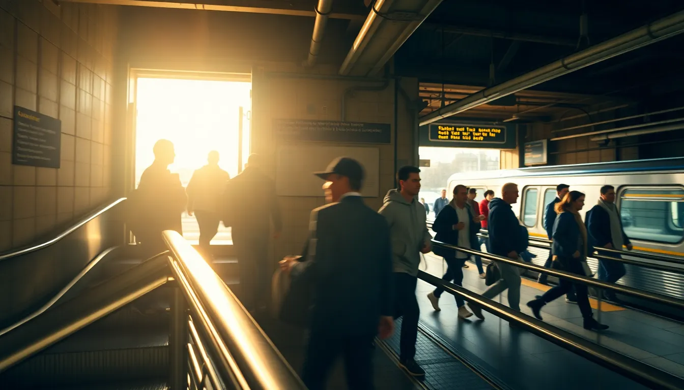 This image captures the energetic atmosphere of a busy subway station during the early morning rush. Warm, golden light filters through the doors, illuminating commuters moving through the space. The blurred background emphasizes the hustle and bustle, while textures like metal railings and polished stone are clearly visible. The composition draws the eye through leading lines, showcasing the daily urban transit experience.
