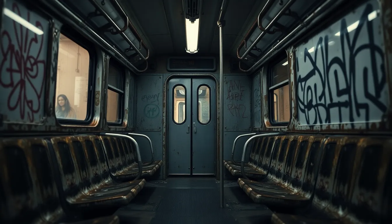 The image captures the intricate details of an old subway train, showcasing the character of urban transit. Low artificial lighting casts a moody atmosphere over the scene, emphasizing the textures of the worn metal and graffiti. Every detail is sharply in focus, creating a sense of intimacy with the environment. The muted color palette enhances the gritty urban feel, making it a compelling representation of public transportation in a city.