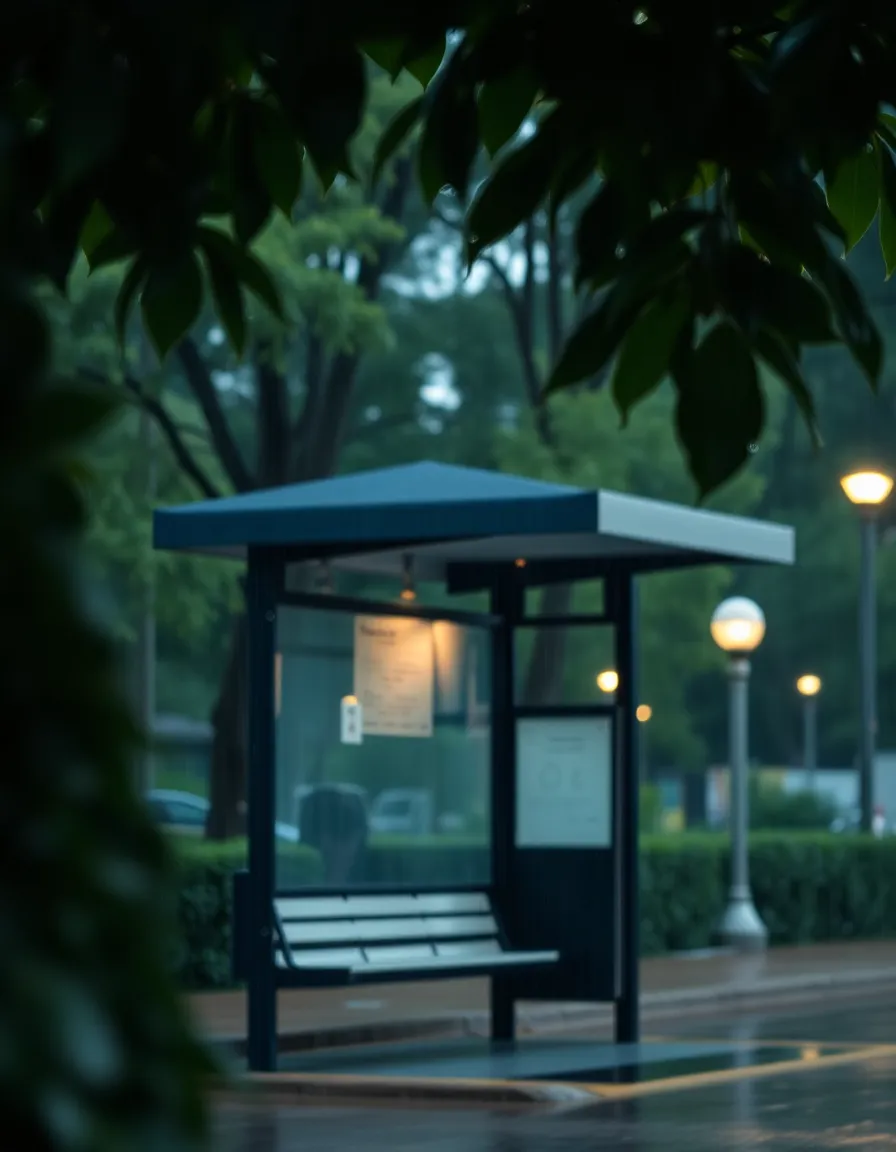 This tranquil image captures a bus stop enveloped by lush greenery on a rainy day. Rain droplets cling to the glass shelter, creating a reflective, serene atmosphere enhanced by soft ambient streetlight. The shallow depth of field invites focus on the stop, while the blurred background reinforces the natural beauty of the surroundings. This scene embodies the peaceful moments found in public transport settings.