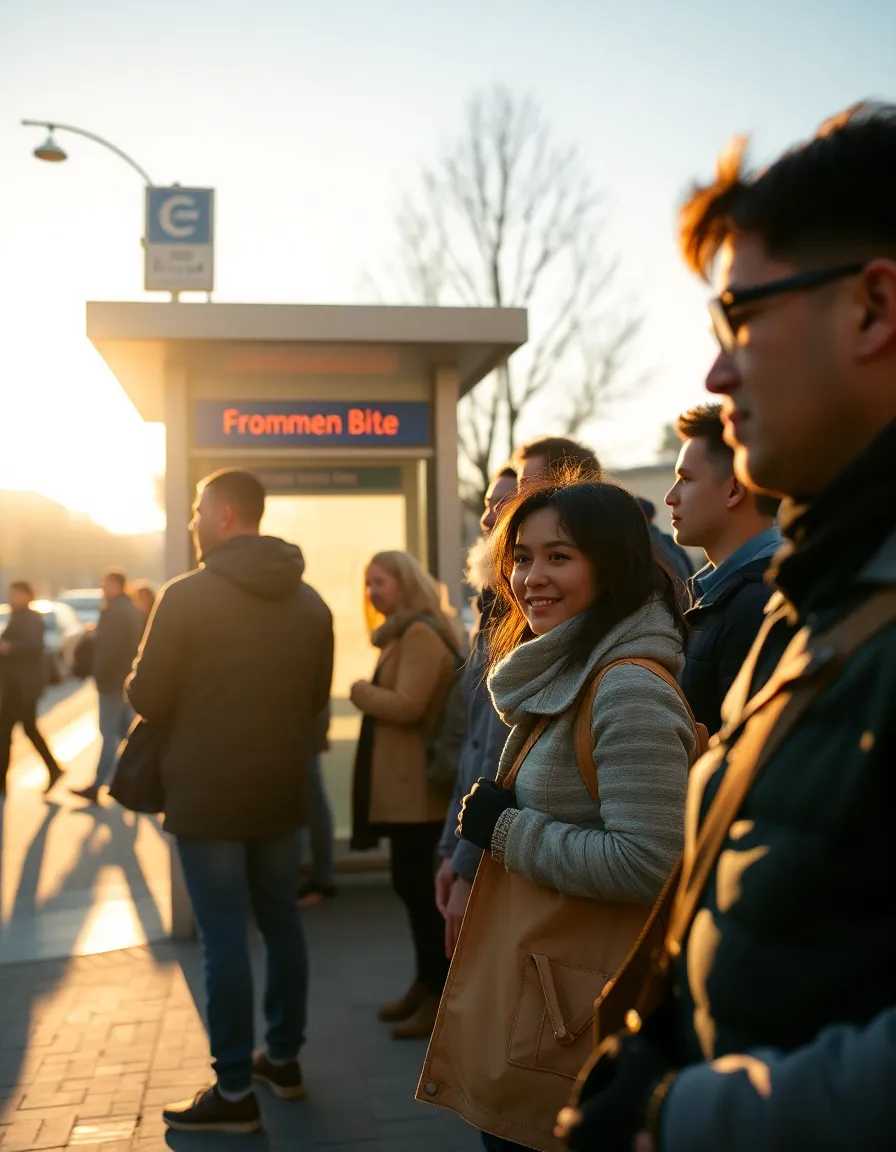 This dynamic scene captures a group of diverse commuters waiting at a bus stop, illuminated by the warm glow of golden hour backlighting. The shallow depth of field highlights their engaging expressions and interactions, while the soft, warm tones of the Kodak Portra 400 color palette enhance the overall warmth and intimacy of the moment. The composition follows the rule of thirds, positioning the bus stop off-center for a more engaging visual narrative.