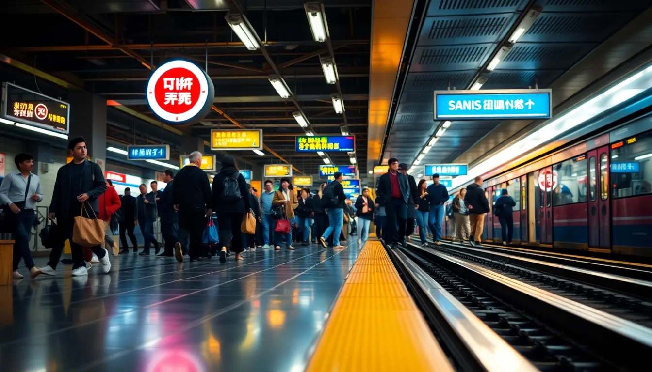 This photorealistic image showcases a bustling subway station filled with diverse commuters. Neon signage reflects on the glossy tiles, creating a vibrant urban atmosphere. The cool white overhead lights enhance the energy of the scene, while the blurred background emphasizes the interactions of the subjects. This captivating image effectively conveys the essence of public transit in a modern city.