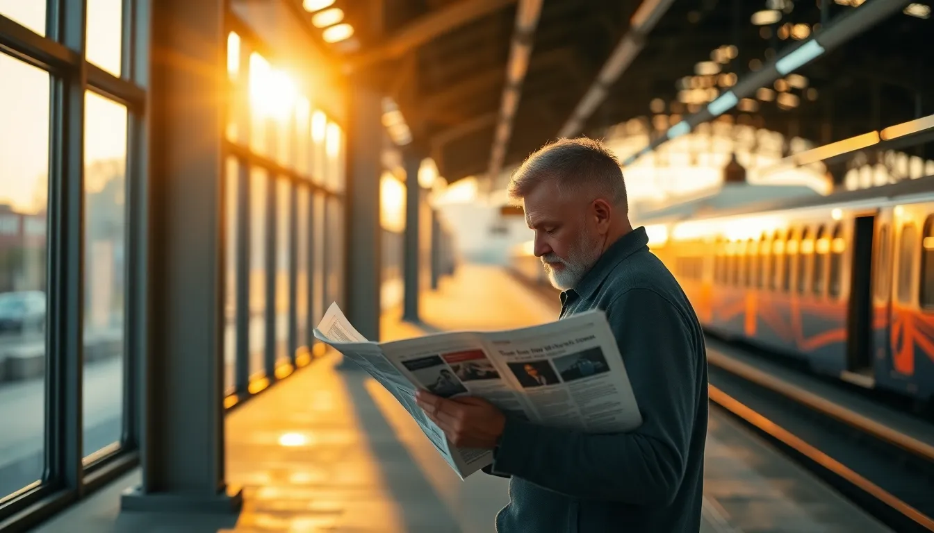 A solitary commuter engrossed in reading a newspaper waits at a transit station, illuminated by the soft golden light of early morning. The warm sunlight glints off the polished metal fixtures and highlights the textured details of the worn concrete platform. The composition captures the essence of solitude in public transit, with a soft focus on the reader, drawing the eye through the spacious platform.