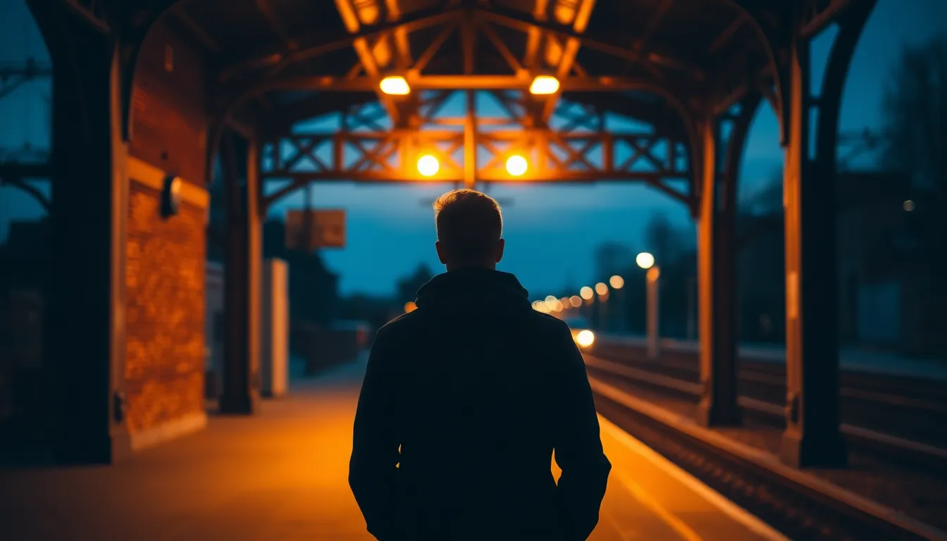 A serene image of a lone commuter waiting on a twilight train platform. The warm glow of streetlights contrasts against the deepening blue sky, creating a tranquil atmosphere. The weathered brick and steel architecture of the station add character, while the subject is softly illuminated, emphasizing the moment of anticipation as the last train approaches. This composition captures both solitude and connection in public transit.