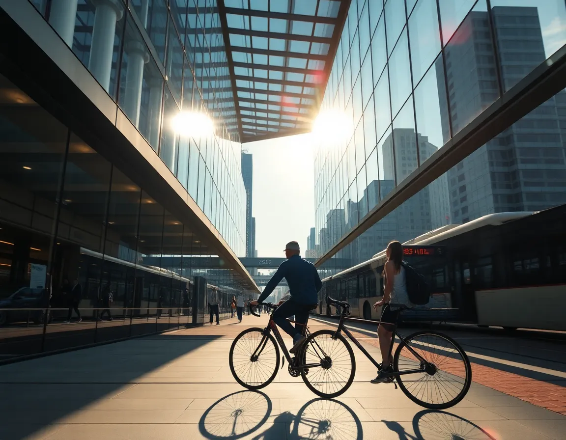 This striking image captures a cyclist pausing at a contemporary bus station, surrounded by sleek glass architecture. The warm afternoon sunlight casts dramatic shadows, adding depth to the scene. With a soft background blur, the cyclist stands out, embodying the fusion of cycling and public transport. The composition is dynamic, drawing the eye with leading lines toward the subject in a vibrant urban setting.