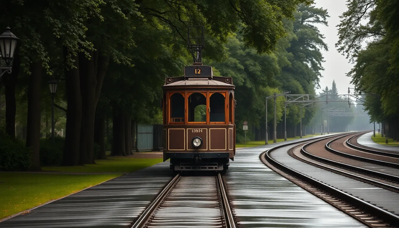 A vintage tram stands proudly on the shimmering wet pavement on an overcast day. The soft, diffused lighting enhances the tranquility of the scene, while lush greenery frames the tram perfectly. The composition emphasizes symmetry, showcasing the elegant lines of the tram and the surrounding environment. Rain droplets add texture, creating a serene atmosphere in this tucked-away corner of the city.