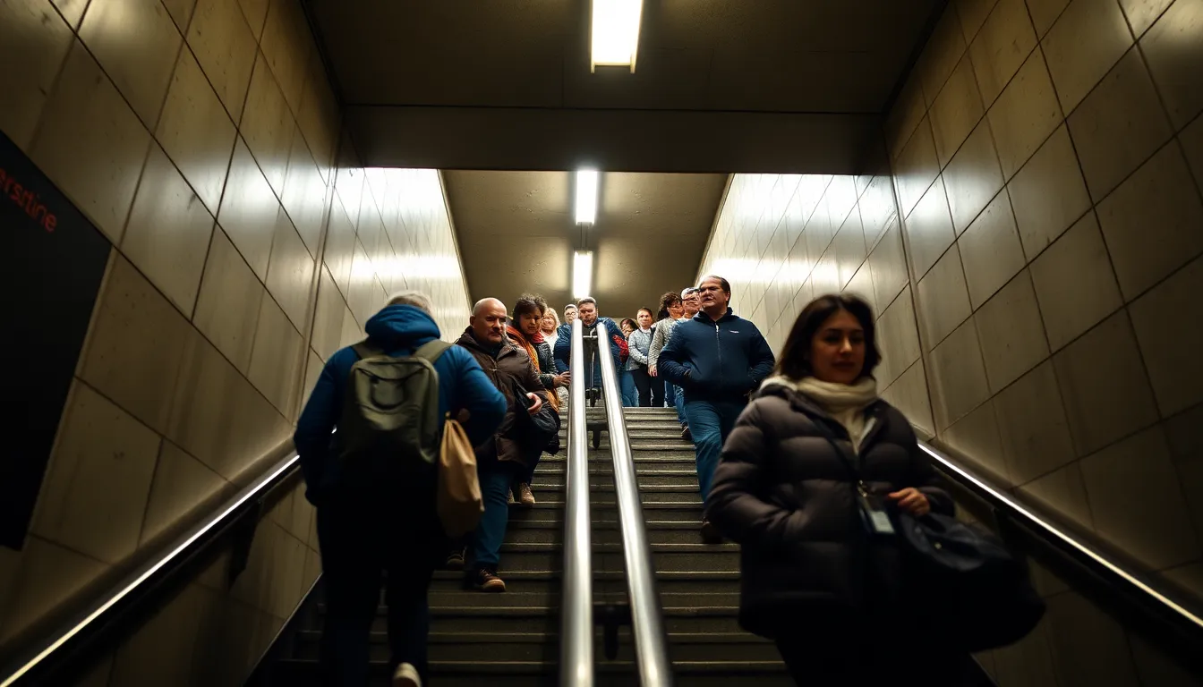 A dynamic representation of public transit life, this image captures commuters navigating the busy subway stairwell. The overcast light enhances the mood of bustle, while the leading lines draw the viewer’s eye through the scene. The photo highlights the diverse clothing styles of the individuals, enhancing the textures of concrete and fabric. A perfect blend of energy and routine, this image embodies the transit journey of everyday city dwellers.