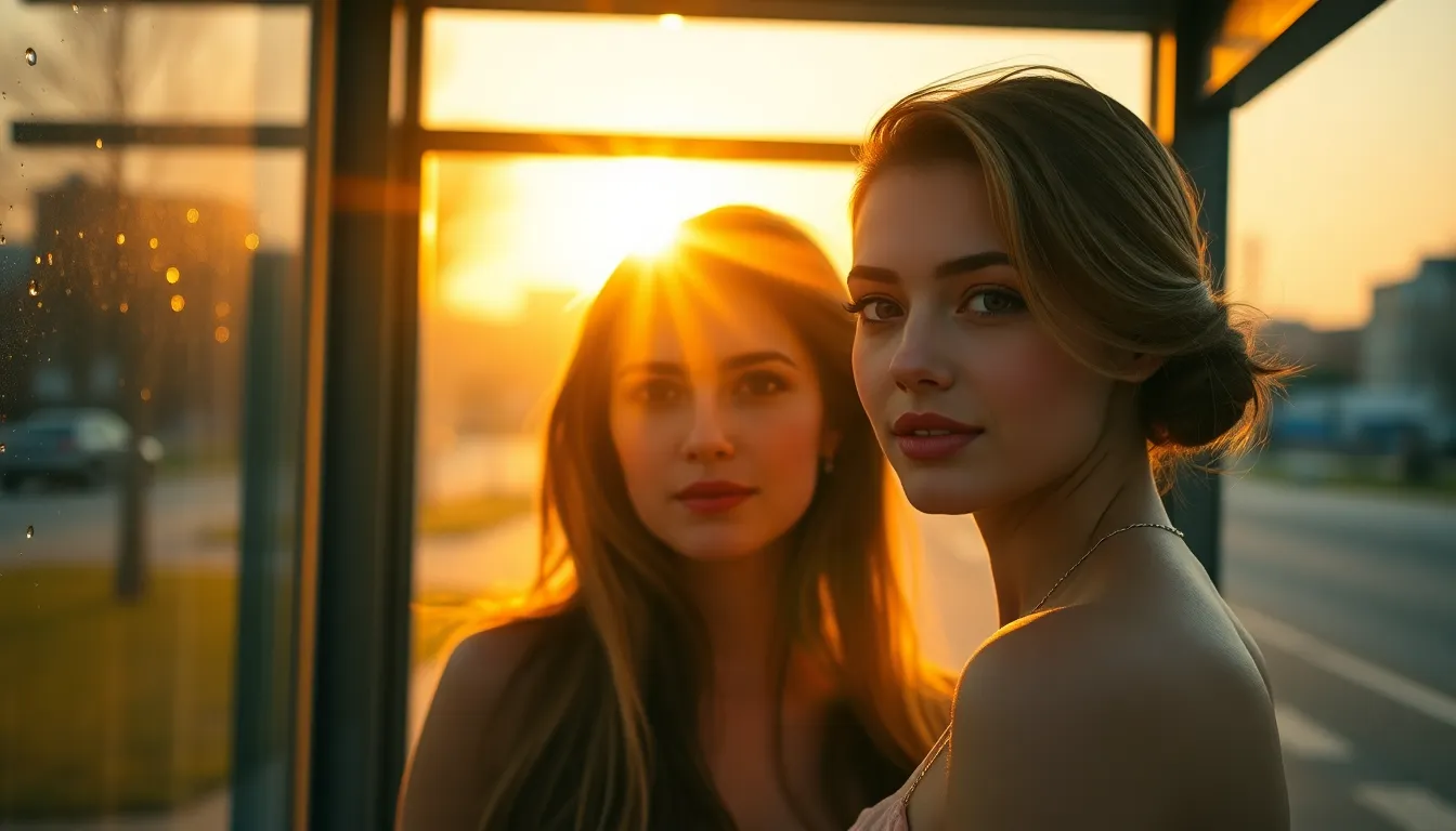 Commuters at Bus Stop at Sunset An atmospheric image of commuters waiting at a bus stop during sunset. The warm golden hour light creates a beautiful rim light effect, highlighting the figures as they interact. The glass shelter shows morning dew droplets shimmering in the light, adding a touch of freshness to the scene. The symmetrical composition emphasizes the quiet anticipation of the bus arrival.