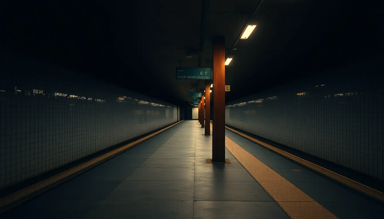 A deserted subway station at dusk, illuminated by warm light from street lamps. The image captures the emptiness and solitude of the space, with no commuters in sight. The detailed textures of the tiled walls and worn platform edges contrast beautifully with the soft shadows, creating a moody yet inviting atmosphere that reflects the essence of public transit during off-peak hours.