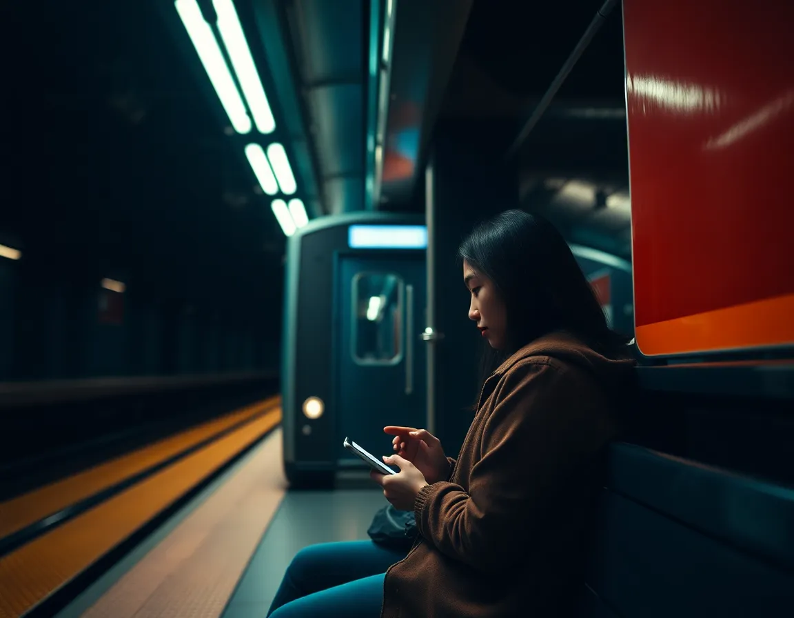 Lonely Passenger in Subway Station A moody scene in a dark underground subway station captures a solitary passenger engrossed in her phone as a train approaches. The contrast between light and shadow creates a dramatic atmosphere, while the focus on her expression adds an intimate touch. The chilly industrial textures of the station enhance the overall ambiance. A cinematic color grading wraps the entire image in a unique visual identity.