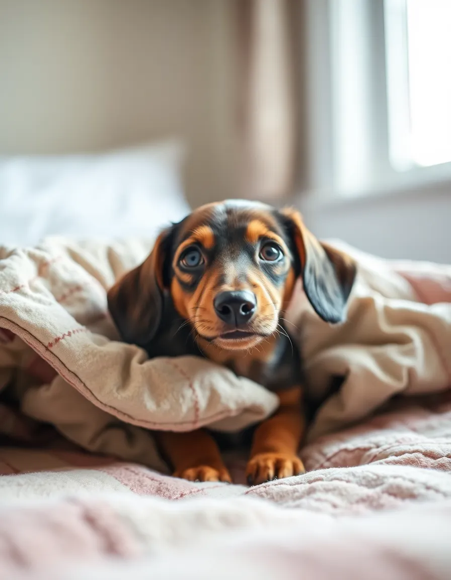 This delightful Dachshund puppy peeks out with an inquisitive glance from beneath a cozy quilt. The soft natural light enhances the intimate and warm feel of the scene, while the muted earth tones create a soothing palette. The shallow depth of field draws attention to the puppy's expressive face and playful curiosity, perfect for pet-related storytelling.