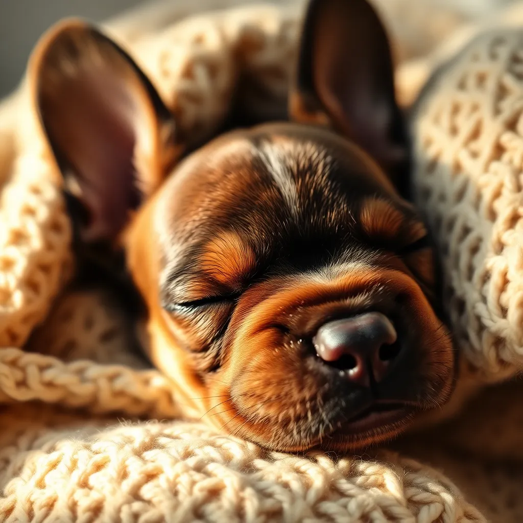 This serene close-up captures a French bulldog puppy peacefully sleeping on a soft, cozy blanket. The warm, diffused daylight highlights the puppy's delicate features, conveying a sense of tranquility and comfort. With a muted color palette of soft beiges and creams, the image evokes a calm and cozy atmosphere. The gentle textures of the knitted blanket further enhance the warmth and cuddly feel of the scene.