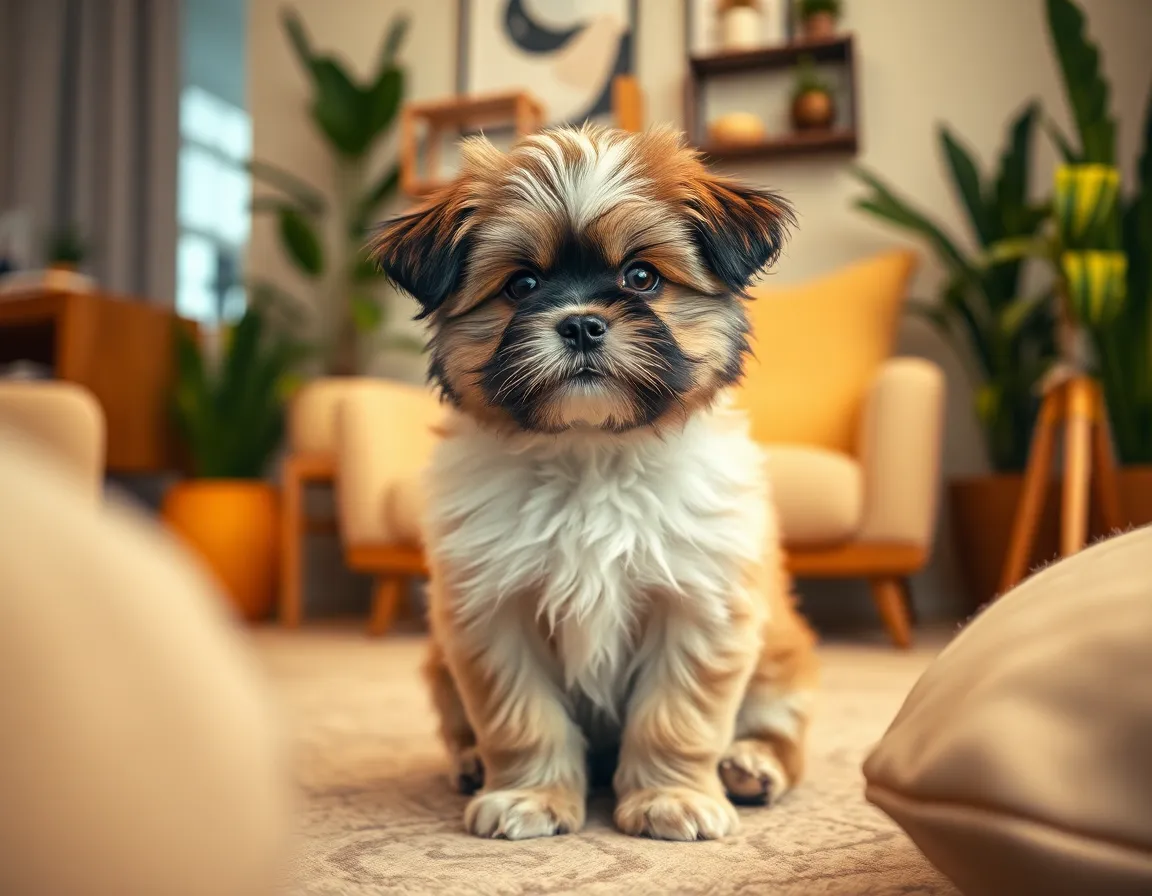 This charming image features a fluffy Shih Tzu puppy sitting gracefully amidst modern indoor decor. The warm tungsten lighting enhances the texture of its soft fur, creating a comforting and inviting ambiance. With a shallow depth of field, the background is beautifully blurred, emphasizing the puppy's curious expression. The natural tones of the image are complemented by pops of color from nearby plants, showcasing a stylish and contemporary environment.