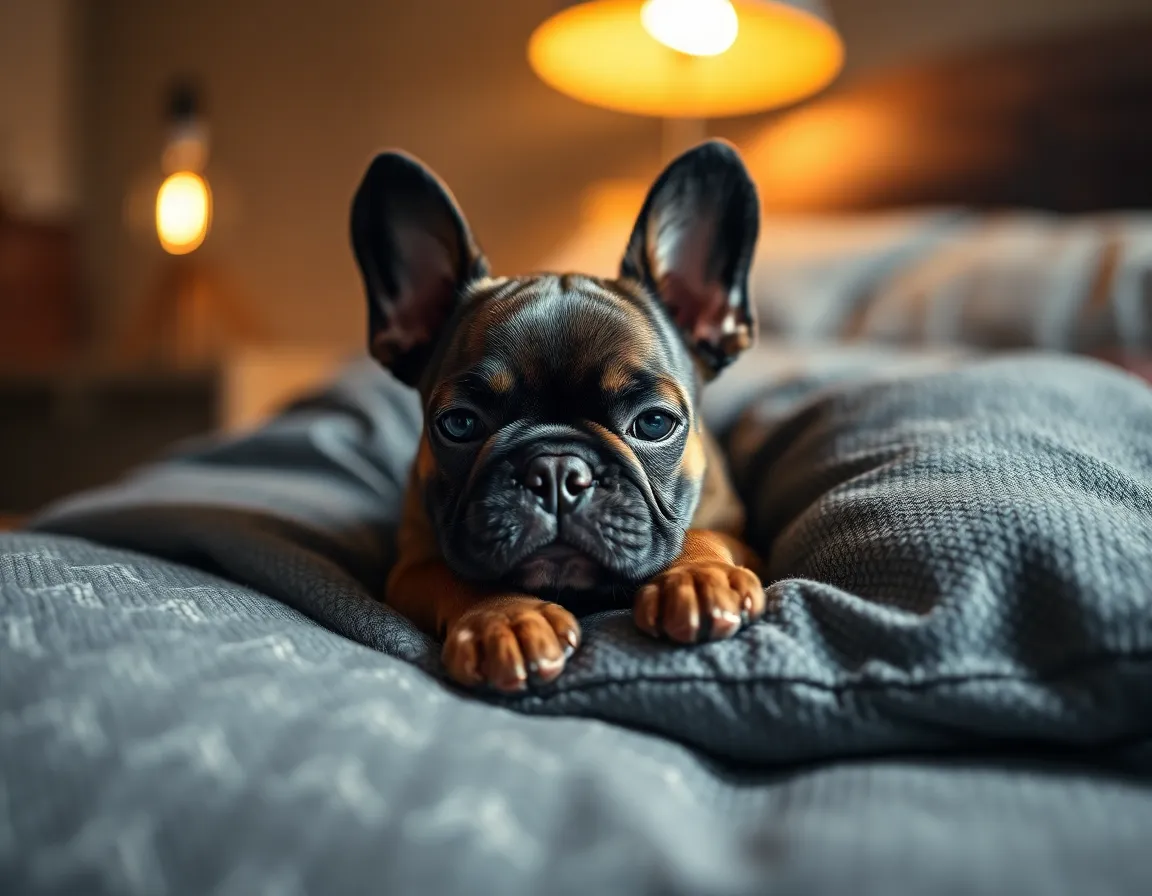 This heartwarming image showcases a French Bulldog puppy peacefully resting on a soft gray pillow. The warm light casts gentle shadows that enhance the puppy’s charming expression. The soothing colors and relaxed pose create an inviting and cozy ambiance, perfect for showcasing the tranquility of pet companionship.