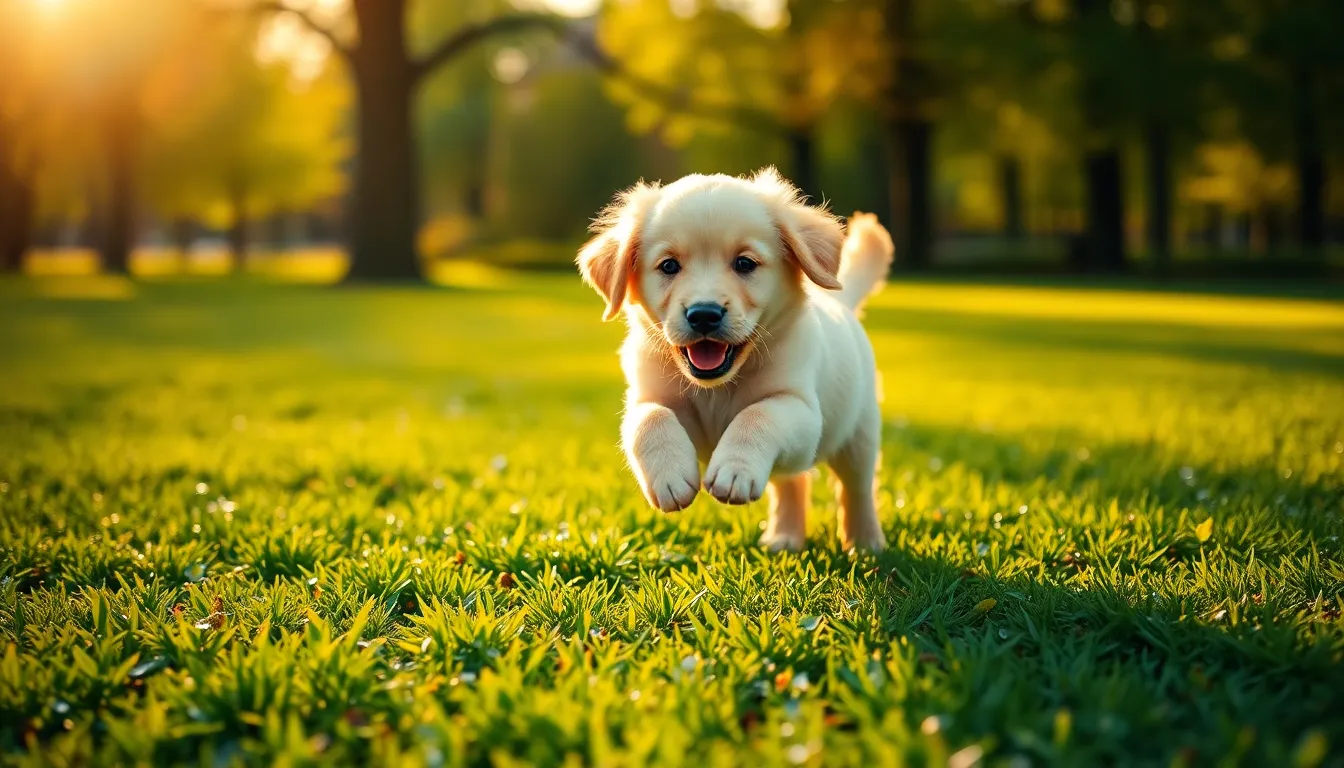 A energetic golden retriever puppy leaps through the vibrant grass in a sunlit park, embodying pure joy. Captured during golden hour, the warm light highlights the puppy's golden fur, creating a magical atmosphere filled with warmth and life. The blurred greenery in the background adds depth while emphasizing the puppy's playful pose. The freshness of spring is illustrated through the dewy grass, enhancing the scene's textures and colors.