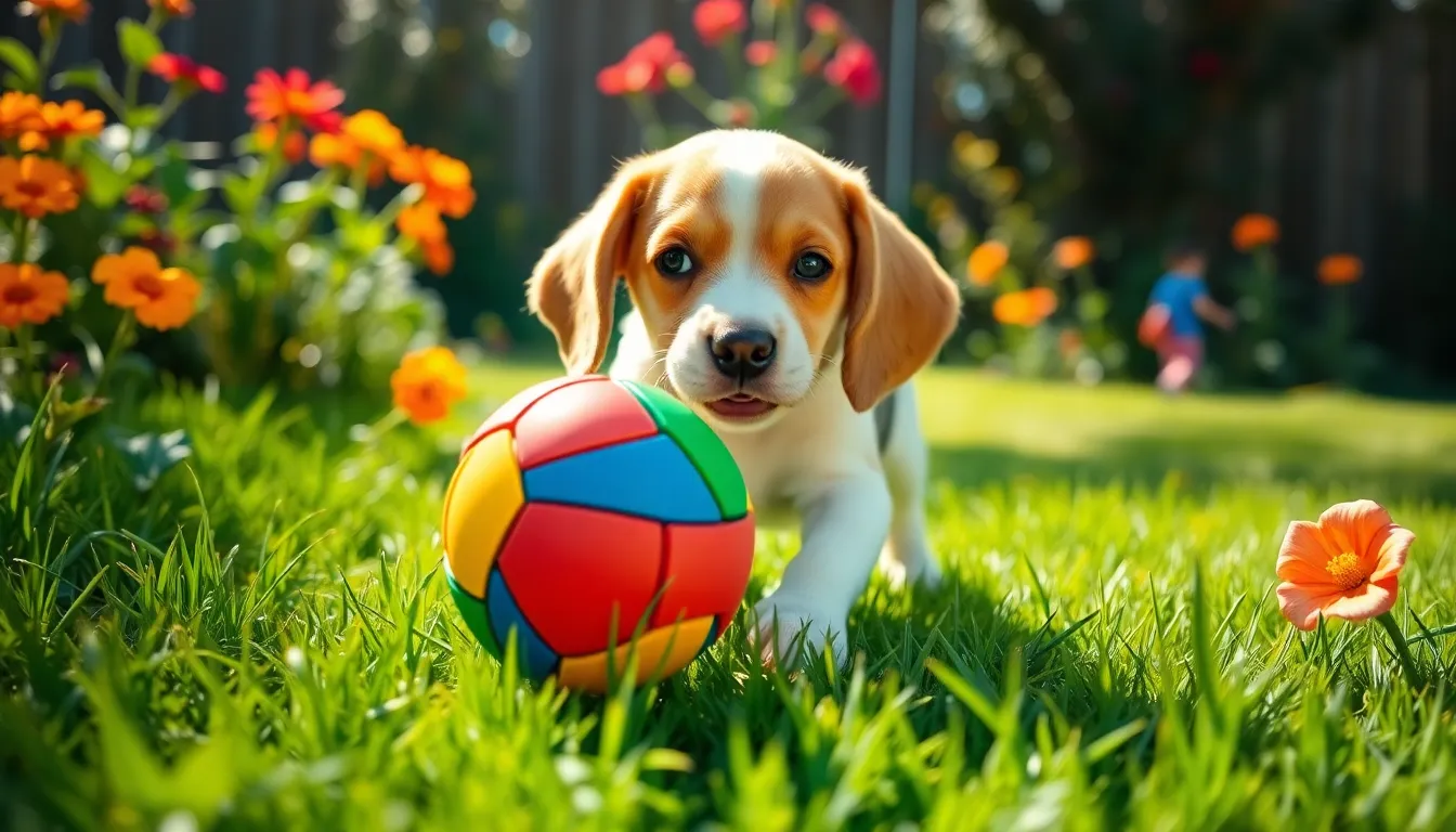 In this lively scene, a Beagle puppy joyfully leaps toward a brightly colored rubber ball in a sunlit backyard. The vibrant colors of the flowers and greenery pop in the background, emphasizing the puppy's exuberance. This image perfectly captures the spirit of playfulness and adventure in a pet-friendly environment.