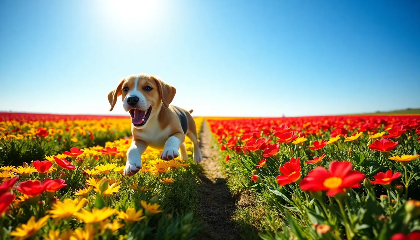 In this vibrant scene, a playful beagle puppy races through a colorful flower field, embodying the spirit of carefree joy. Captured under a clear blue sky, the bright sunlight enhances the colors of the flowers and casts playful shadows around the puppy. The dynamic composition, with leading lines formed by the flower rows, guides the viewer's gaze towards the delightful subject. The rich hues of the blossoms further elevate the cheerful mood of the image.
