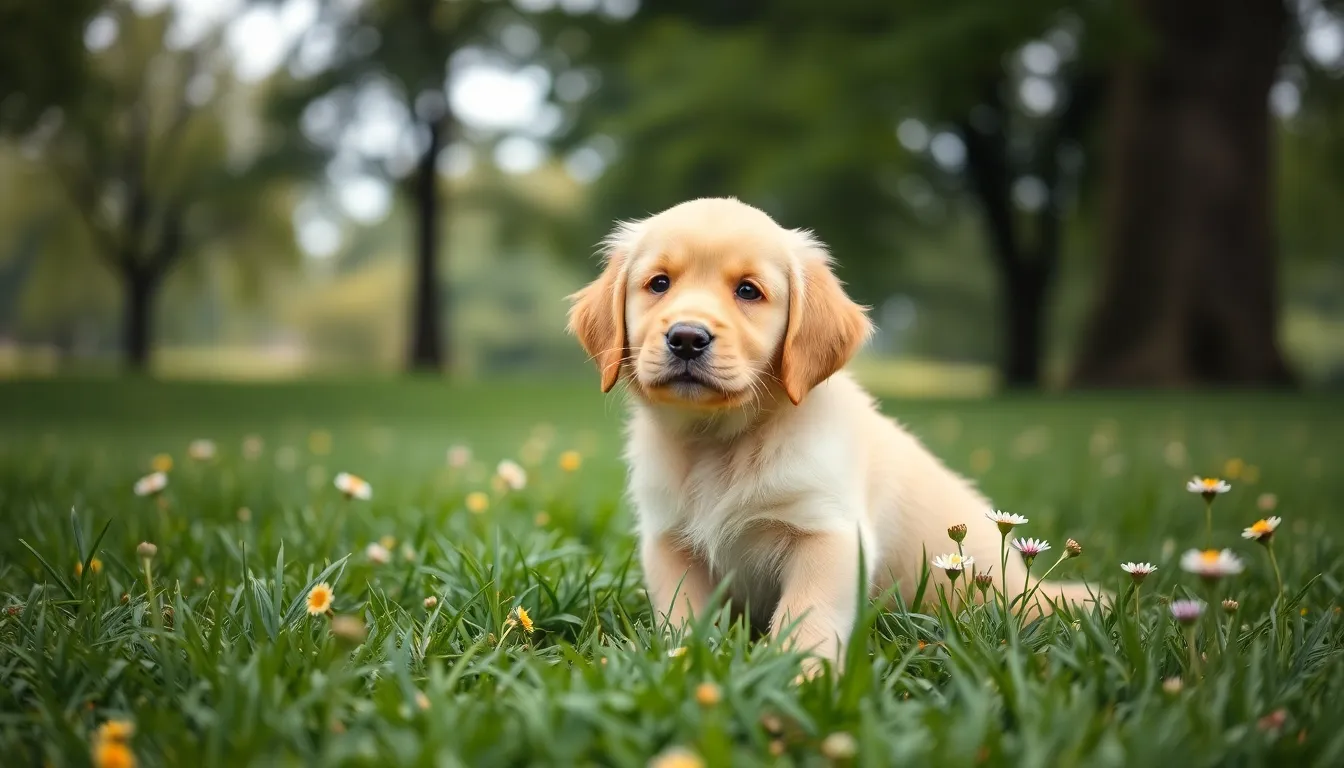This adorable golden retriever puppy sits on a carpet of lush green grass, surrounded by vibrant wildflowers. The soft, diffused light creates a serene and playful atmosphere. With a shallow depth of field, the puppy's joyful expression captures the viewer's attention, while the natural backdrop fades into a beautiful blur. The warm color palette enhances the puppy's golden fur, making this image perfect for pet lovers.