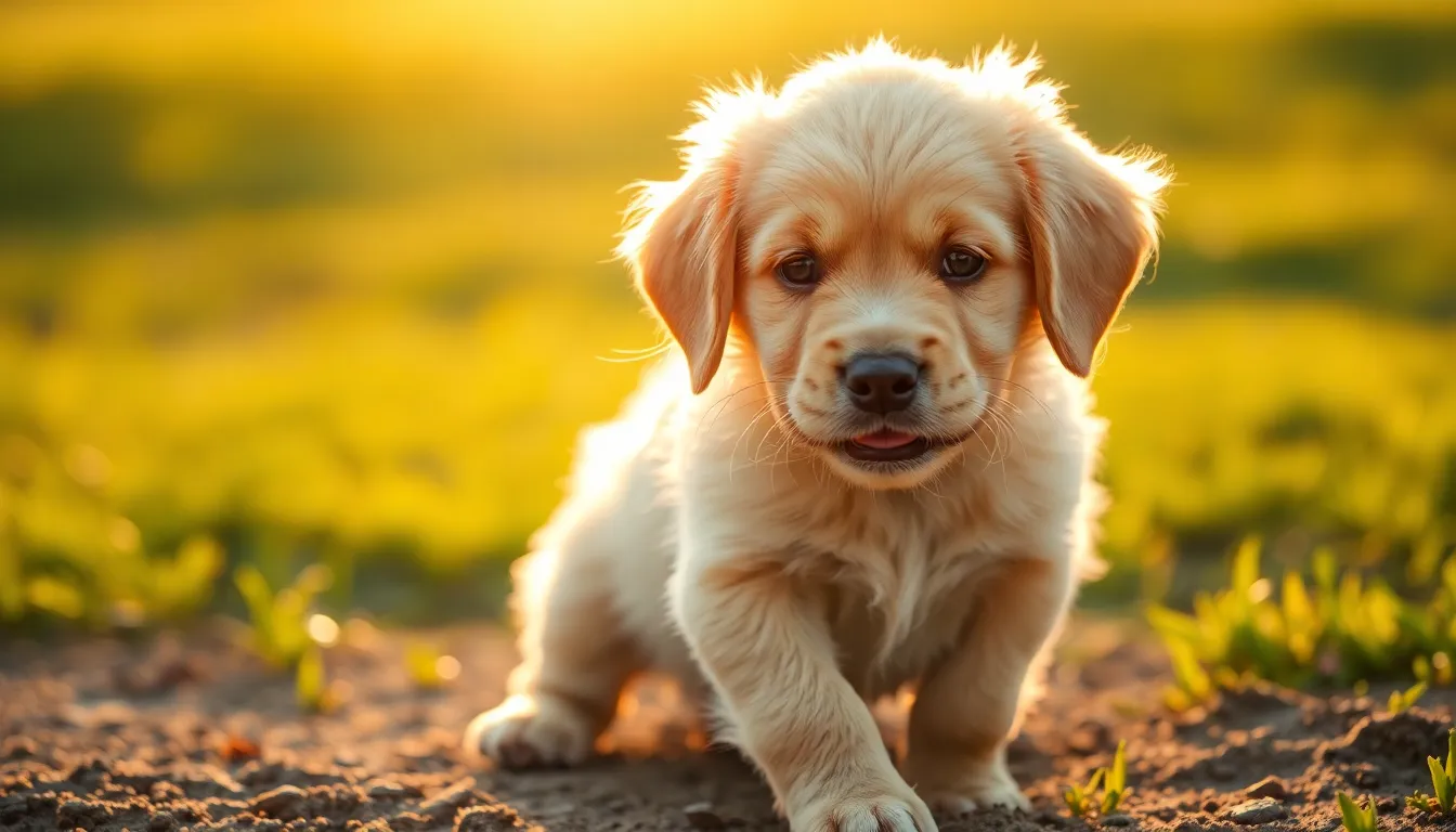 This charming image features a golden retriever puppy basking in warm sunset light. Its fur shimmers with a golden hue, surrounded by a soft, blurred grassy background that accentuates its playful expression. The puppy’s joyful stance and glistening coat evoke a sense of warmth and happiness, making it an ideal representation of joy in nature.