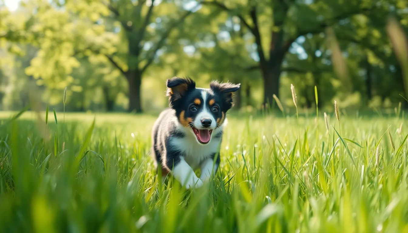 This energetic border collie puppy bounds through a sunlit field, showcasing its playful spirit. The dappled sunlight creates a dynamic atmosphere filled with warmth and movement. The vibrant colors of the grass and sky contrast beautifully with the puppy's coat, making it a visually captivating image. Ideal for outdoor and pet-themed content, capturing the joy of puppyhood.