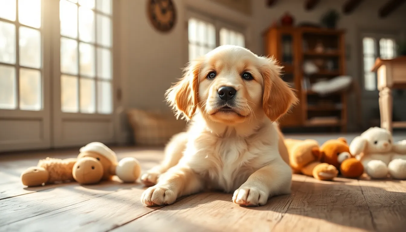 A charming golden retriever puppy sits on a rustic wooden floor, illuminated by soft natural light from large windows. Its fluffy coat shines in warm tones as it gazes playfully at the camera. Surrounded by colorful plush toys, the scene evokes a sense of warmth and comfort. The gentle focus on the puppy enhances its joyful expression, making it an endearing image perfect for pet lovers.