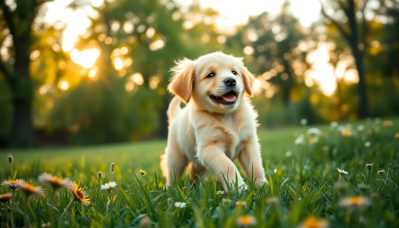 Playful Golden Retriever Puppy in Park This captivating image features a golden retriever puppy playing in a vibrant green park at golden hour. The warm light enhances the puppy's soft fur while dappled sunlight casts lovely patterns across the grass. With a blurred background of trees and colorful wildflowers, the scene radiates joy and tranquility, inviting viewers to experience the carefree spirit of playful days. Perfectly composed with the puppy taking center stage, this image captures the essence of summer relaxation.