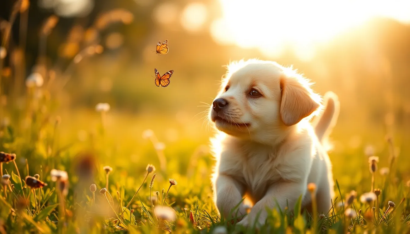 This delightful image captures a golden retriever puppy frolicking through a sunlit meadow, playfully chasing a butterfly. The warm golden hour light creates a soft, glowing halo around the puppy, enhancing its playful innocence. With a bokeh background of colorful wildflowers and lush green grass, the scene evokes a joyful and lively mood. The shallow depth of field emphasizes the puppy's detailed fur, making it the focal point in a vibrant natural setting.